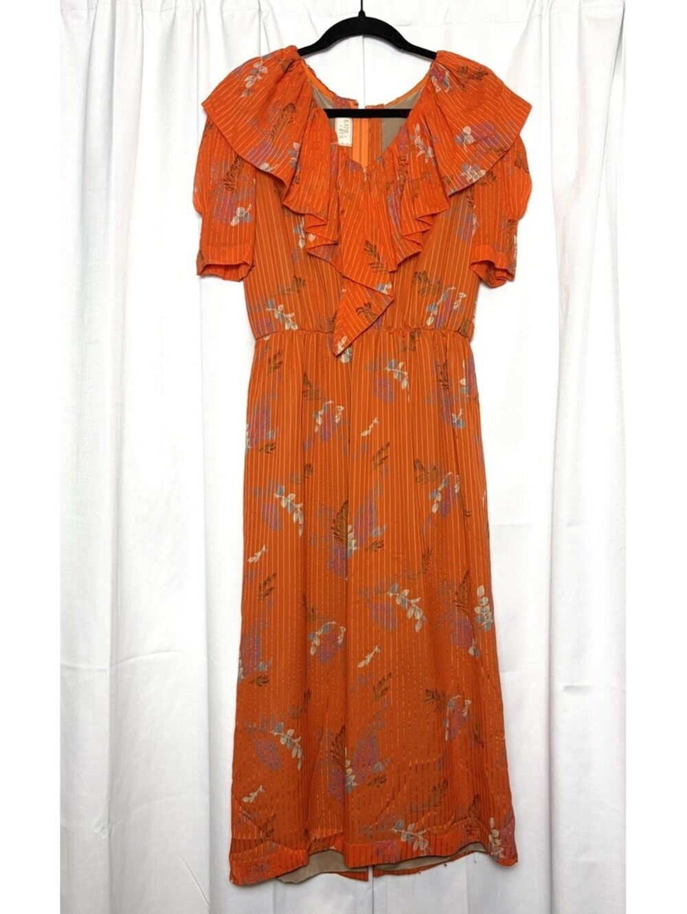 VINTAGE 1970s Handmade Silk Chiffon Orange Floral Ruffle Day Dress Size Small.